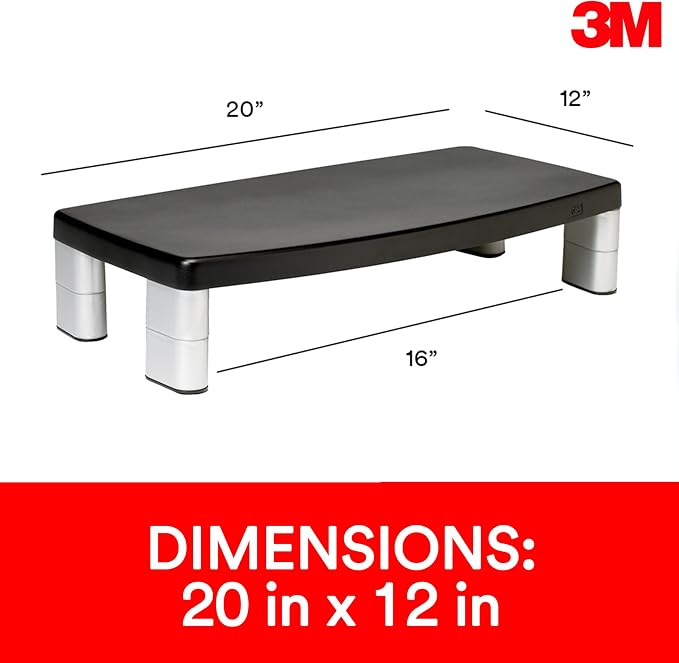 3M Extra Wide Adjustable Computer Monitor Stand, 20 in x 12 in | Height Adjustable Monitor Riser For Desk, Office, Home With Underneath Storage Space, No Skid - Image 2