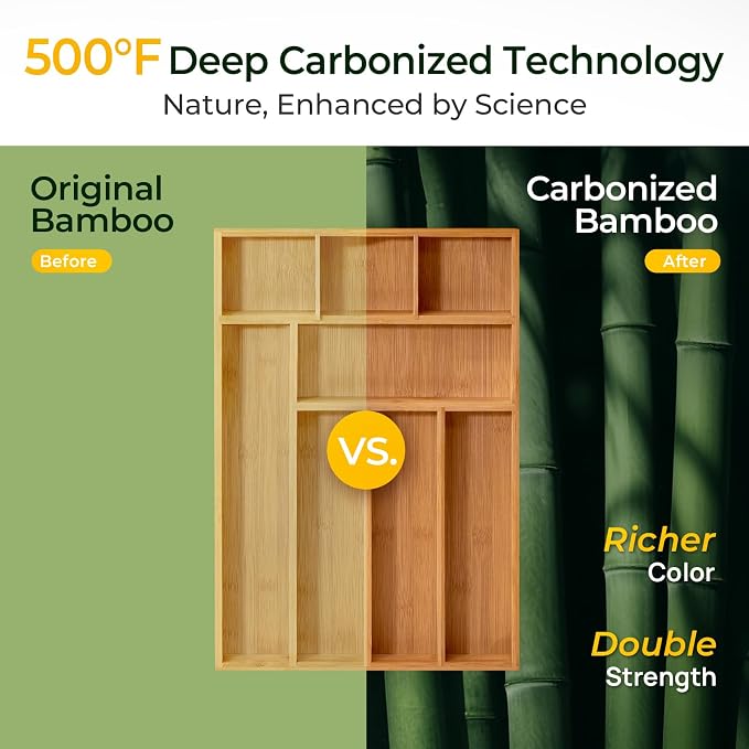 Carbonized Bamboo Kitchen Drawer Organizer, 8 Slots Silverware Organizer, Utensil Holder & Cutlery Tray, 2.2" Deep for Extra Capacity, Non-Slip Feet Included - Image 5