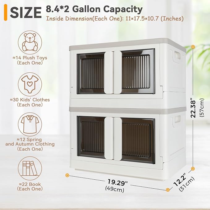 Storage Box, Collapsible Cabinet, 8.4 Gallon (32L) Each One, 2 Packs, Useful Box with Lids, Foldable Drawer, Organizers for Home and Office, Milk White - Image 2