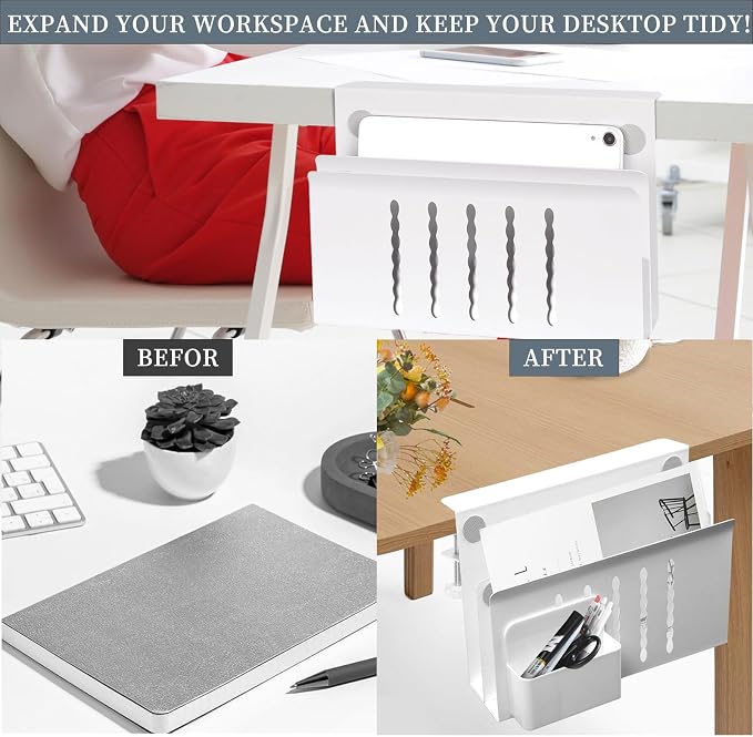 Desk Side Storage,2 Tier Steel Hanging Organizer,No Drill Side Desk Organizer, Laptop Holder with Pen Holder,Office Home Hanging Table Storage For Edge Tables 0.3" to 2.8"(White) - Image 4