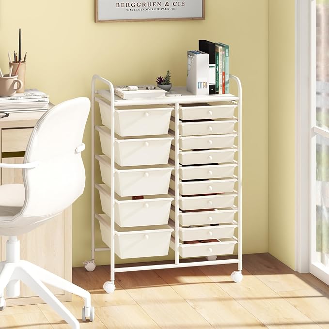 DORTALA 15-Drawer Rolling Storage Cart with Drawers, Rolling Utility Cart w/Removable Drawers & Universal Wheels, Tools Scrapbook Paper Organizer for School, Office, Home, Classroom (Ivory) - Image 2