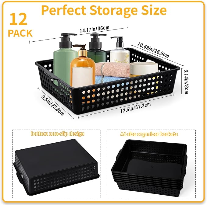 12 Pcs Plastic Storage Baskets Bulk 14 x 10 In Stackable Storage Bin with Handles A4 Size Desktop File Letter Organizer Tray Multi-purpose Container for Shelve Desktop Classroom Office Home Playroom - Image 2