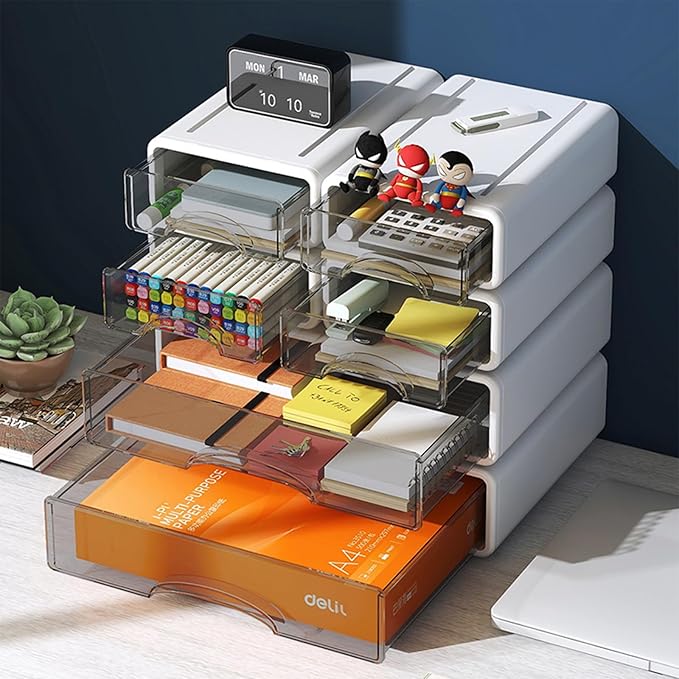 Desk Organizer with Drawers, Stackable Storage Drawers with Compartments Desktop Organization for Office Supplies, Makeup, Pencils, Tape, Erasers, Paperclips, Chargers (4 Pack White) - Image 4