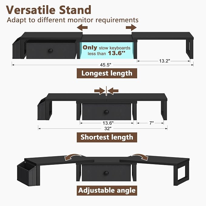 LAND·VOI Dual Monitor Stand with Drawer and Side Pockets, Monitor Riser for Desk, Home Office Desk Storage, Multi-Scenario Adaptation for Work and Entertainment, Black, HMS02BK - Image 4