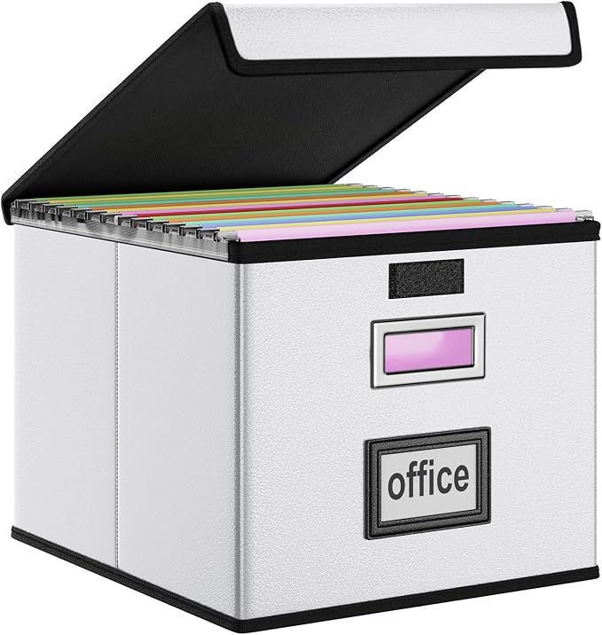 File Organizer Box with Lids, Collapsible File Folder Organizer | File Box with Plastic Slides for Document, Filing Bin for Letter Size Hanging File Folders (1 Pack, Silver, Leather) by Huolewa