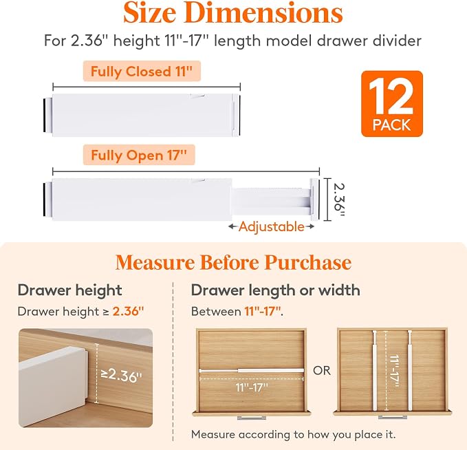 Lifewit 2.36" Upgrade Kitchen Drawer Dividers, Adjustable Drawer Organizer | 12 Pack 11"-17" Expandable White Drawer Separator for Clothes/Utensils, Dresser/Cabinet/Closet/Nursery Organization & Storage - Image 2