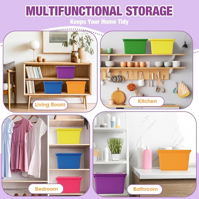 Potchen 6 Pack Small Stackable Storage Bins with Lids Plastic Storage Boxes for Classroom 9.8" ×7.3" ×5.7" Decorative Organizer Bins for Craft Art Office Teacher Supplies (Colorful) - Image 4