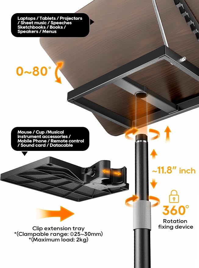 2 in 1 Adjustable Book Stand - Dual-Use Floor and Desktop Book Holder Stand, Height Adjustable 23.5-52 in, Elastic Page Clips for Music Sheet, Recipe, Tablet, Laptop-Black - Image 9