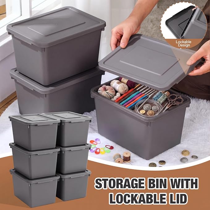 Potchen 6 Pcs Pack Small Stackable Storage Bins with Lids Plastic Storage Boxes for Classroom 9.8" ×7.3" ×5.7" Decorative Organizer Bins for Craft Art Office Teacher Supplies (Grey) - Image 3