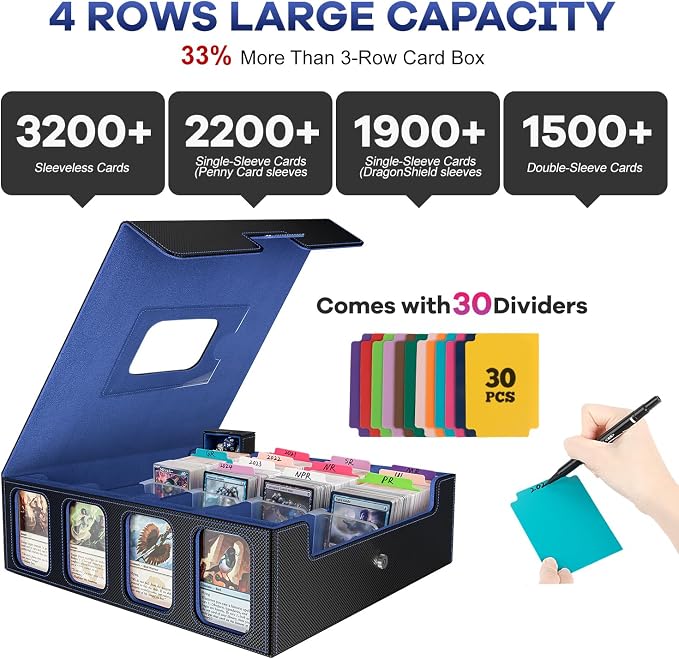 3200+ Trading Card Storage Box with Commander Display, 4-Row TCG Card Box with Portable Handle, Compatible for TCG/MTG/Magic Cards, 30 Colorful Divider, 8 Supporters, US Design Patent (Black&Blue) - Image 2