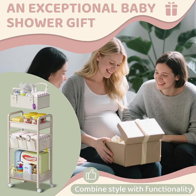 Baby Diaper Caddy Organizer and Storage,2In1 Baby Cart Organizer-Baby Diaper Caddy+3 Tier Rolling Cart for Baby Nursery,Baby Bedside Cart,Easy Assembly,Beige - Image 6
