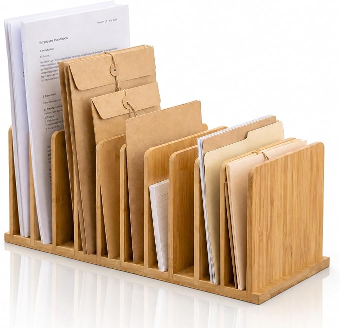 Suzile Bamboo File Mail Organizer for Desk, 10 Slot Vertical File Sorter,Letter Sorter, Desktop Mail Holder, Wooden Office Desk Organizer Countertop Paper Holders for Documents, Envelope by Suzile