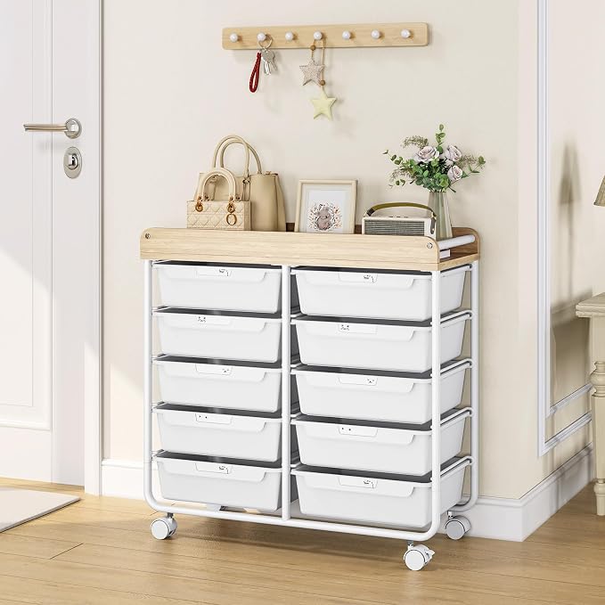 10 Drawers Rolling Cart with Wooden Tabletop, Utility Storage Cart with Wheels, Art Supply Craft Organizer on Wheel with Metal Frame & Handles for Home Office School (Pure White) - Image 8
