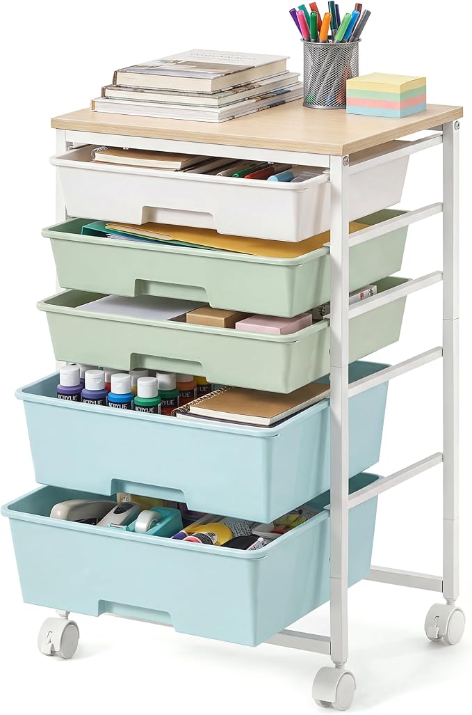VASAGLE 5-Drawer Rolling Storage Cart, Mobile Organizer Trolley with Wood Top and Metal Frame, for Craft Room, Office, 15.6 x 11.2 x 24.8 inch, Green and White, Benco Collection ULRC005C101 by VASAGLEbySONGMICSHOME