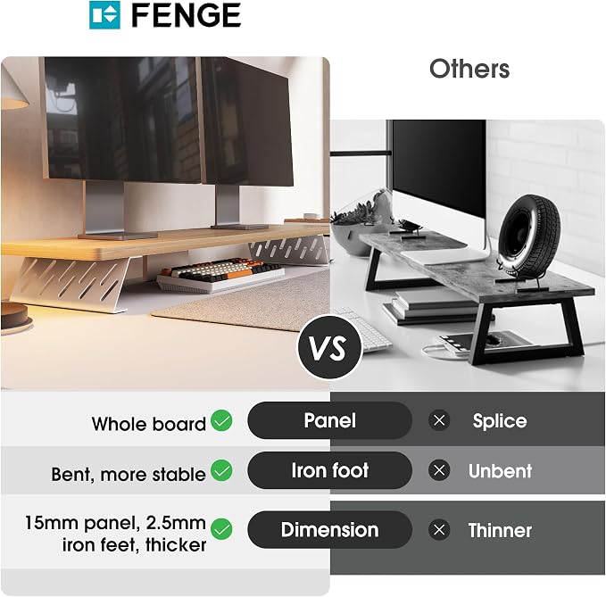 Fenge Monitor Stand Riser, Wooden & Metal Desk Shelf Organizer, Oak | 42.5 Inch Dual Monitor Riser for 2 Monitors, Multifunctional Monitor Shelf for Laptop, PC, Printer - Image 3