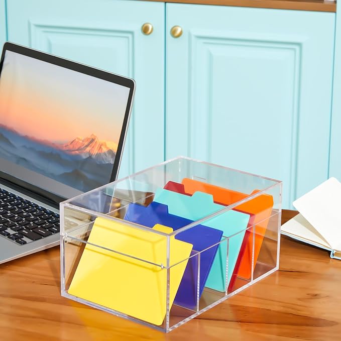 Mooliwe Index Card Holder Clear Acrylic Card Organizer 50 Pcs Divider Sheets for Desk File Note Holders, 4 Compartments Holds 600 Cards (5 x 8 Inch) - Image 5