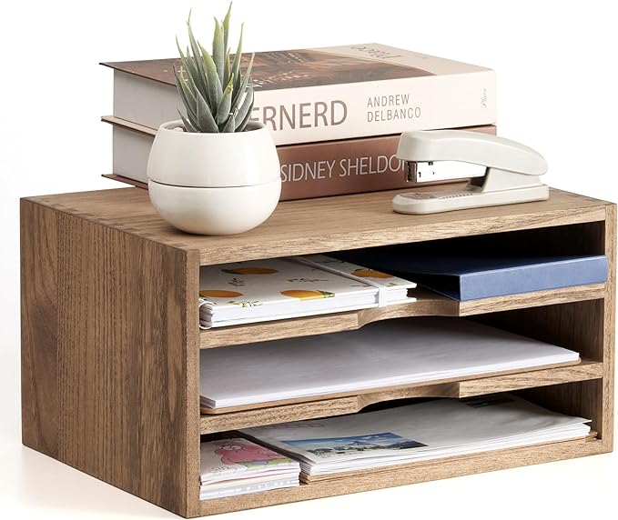 KIRIGEN Wooden Desk Organizer 3-Tier Letter Tray and Paper Sorter, Brown | Solid Wood Paper Tray Document Holder Organizer for Letters, Files, Folders, Mail, Magazines and Office Supplies by KIRIGEN