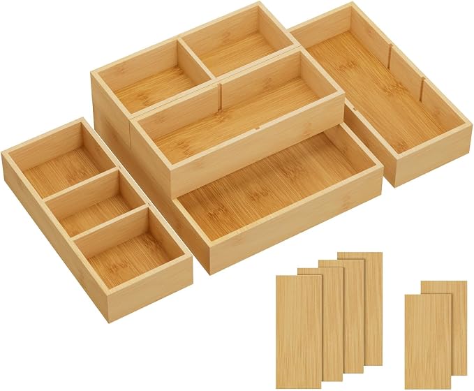Lifewit Drawer Organizers 5 Pack(11 Grid) with 6 Inserts | Adjustable Bamboo Wooden Trays for Utensils, Silverware, Makeup, Kitchen, Bathroom, Office, Vanity Storage by Lifewit