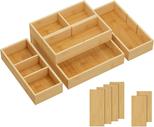 Lifewit Drawer Organizers 5 Pack(11 Grid) with 6 Inserts | Adjustable Bamboo Wooden Trays for Utensils, Silverware, Makeup, Kitchen, Bathroom, Office, Vanity Storage by Lifewit