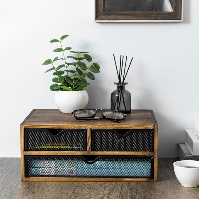 MyGift Rustic Burnt Brown Solid Wood Desktop Organizer Box with 3 Removable Black Metal Mesh Trays, Office Desk Supplies Storage Drawers for Accessories - Image 2