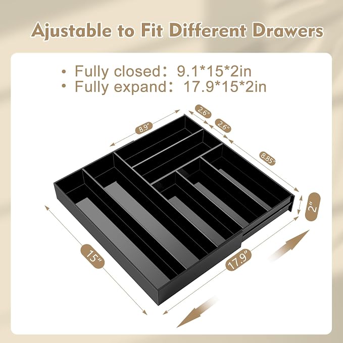 Briwooody Black Acrylic Drawer Organizer Expandable,7 Compartments,Large | 9'' up to 18'' x 12'' x 2.1'' Desk Drawer Organizer Trays Adjustable with Desk Accessories for Makeup Office Bathroom - Image 2