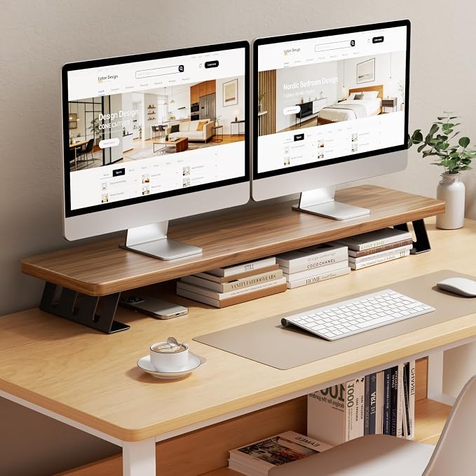 Dual Monitor Stand Riser, 39 Inch Large Wood Monitor Stands for 2 Monitors | Desk Monitor Riser for Computer/Laptop/Printer/TV, Stand Riser up to 220 lbs - Image 8