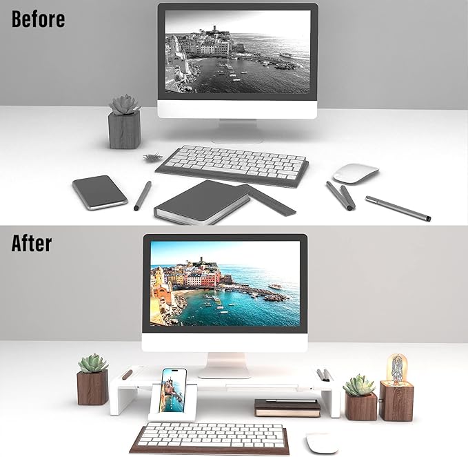 Monitor Stand Riser with Drawer & Phone Holder, Foldable Desk Organizer | Adjustable height laptop riser, built-in pen slot, space saving desktop organizer for home office White - Image 4