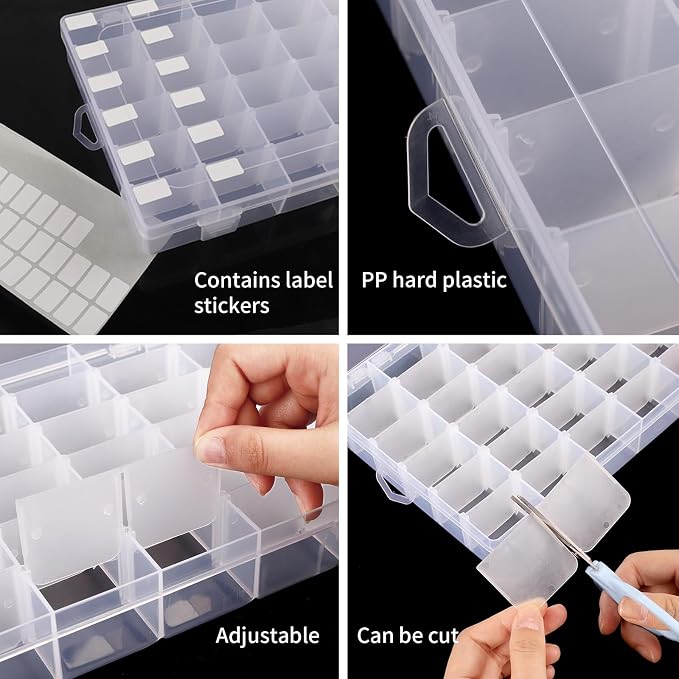 Bead Organizer Storage 2 Pack 36 Grid Jewelry Tackle Craft Box Adjustable | Clear Plastic, Adjustable Dividers, Label Stickers Included, for Beads Jewelry Crafts Fishing Tackle and Small Parts - Image 3