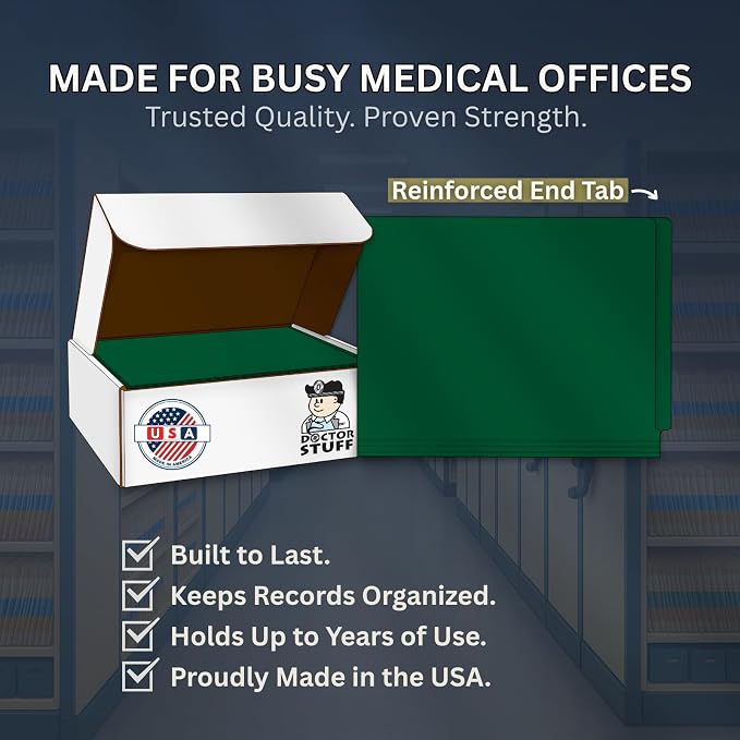 Dark Green File Folders, Doctor Stuff, Letter Size Reinforced End Tab Folder with 2" Bonded Fastener on Inside Back, 14 pt Stock, Box of 50 - Image 9
