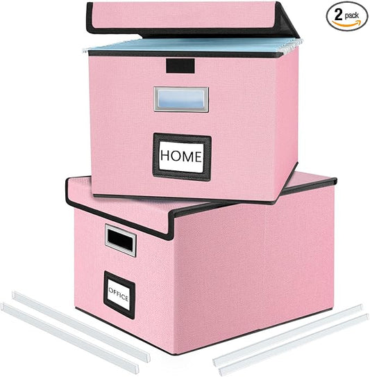 File Organizer Box with Lids, Collapsible File Folder Organizer | File Box with Plastic Slides for Office Document Storage, Filing Bin for Letter Size Hanging File Folders (2 Pack, Pink) by Huolewa
