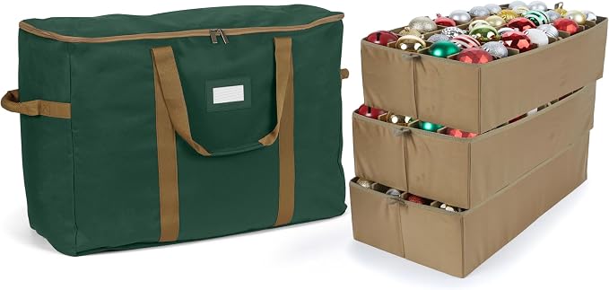 Covermates Keepsakes Adjustable Ornament Storage Bag – Heavy-Duty Polyester, Padded Dividers & FlexGrid Trays – Protective Holiday Ornament Organizer with Handles & Label Window, Green by Covermates