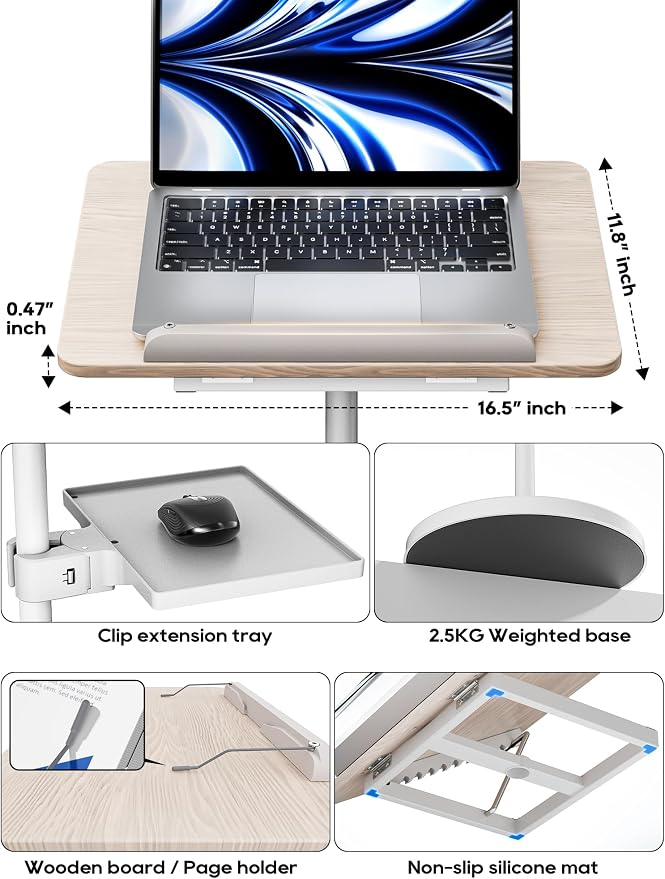 2 in 1 Adjustable Book Stand - Dual-Use Floor and Desktop Book Holder Stand, Height Adjustable 23.5-52 in, Elastic Page Clips for Music Sheet, Recipe, Tablet, Laptop-White - Image 8