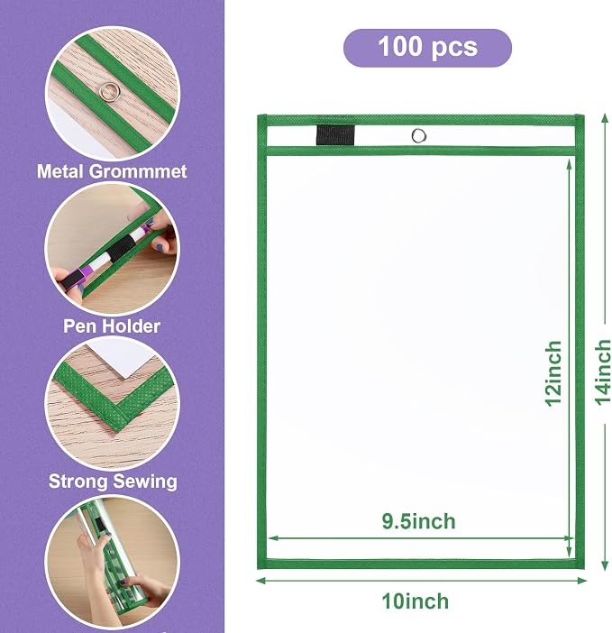 Nezyo Dry Erase Pockets Plastic Job Ticket Holders Shop Holder Order Pockets Clear Sleeves Tickets Folders Plastic Sleeves Paper Teacher Supplies for Classroom(10 x 14 in,Dark Green,100 Pcs) - Image 3