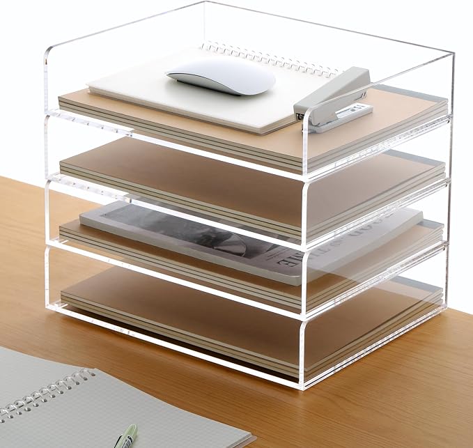 Acrylic Paper Tray, 4 Tier Paper Organizer for Desk, Clear Acrylic Desk Organizers, Stackable Letter Tray Workspace Organizer -Art Storage for School Classroom -4 Pack… by HeZone
