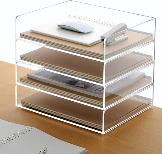 Acrylic Paper Tray, 4 Tier Paper Organizer for Desk, Clear Acrylic Desk Organizers, Stackable Letter Tray Workspace Organizer -Art Storage for School Classroom -4 Pack… by HeZone