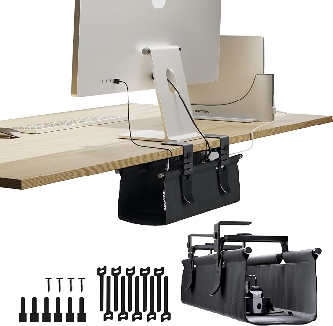 Original No Drill Under Desk Cable Management Tray 14.1" - Premium Black Fabric Cable Management Under Desk - Clamp/Screw Mount Cord Organizer - Supports Upto 66lbs by Ascrono