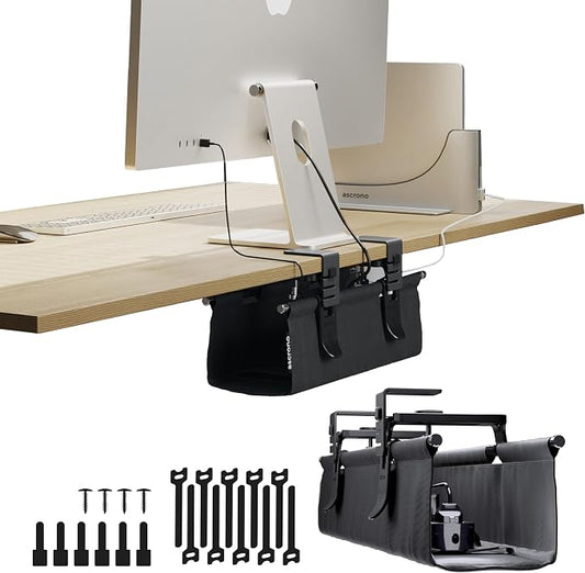 Original No Drill Under Desk Cable Management Tray 14.1" - Premium Black Fabric Cable Management Under Desk - Clamp/Screw Mount Cord Organizer - Supports Upto 66lbs by Ascrono