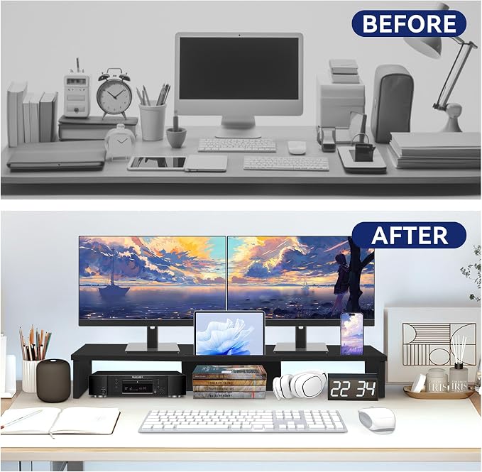 Dual Monitor Stand Riser with Phone Tablet Holder, 35.8in Large Monitor Stand for Desk, Computer Monitor Stand for 2 Monitors, Desk Shelf for Top of Desk, Desktop Organizer for Laptop, Printer, TV - Image 4