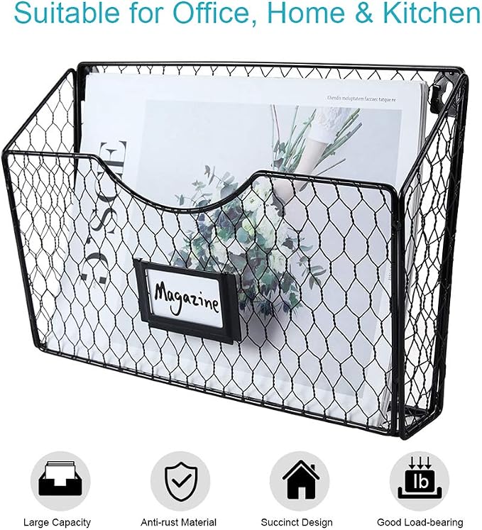 6 Pockets Hanging File Holder Wall Mount Mail Organizer Metal Chicken Wire Magazine Rack with Tag Slot, Black - Image 2