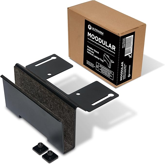 Moodular Vertical Laptop Tray Add-On for Rails, Do Not Use Alone | Accessory Only, Clamshell Mode, Fits Laptops & Tablets Under 0.7", Saves Desk Space, Felt-Lined, Steel, Black, MSA-VLT by ULTRARM