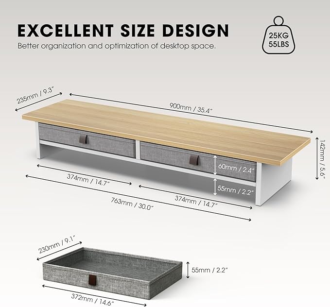 Fenge 35 Inch Monitor Stand with Drawer Storage, Computer Riser for Desk | Wooden Computer Shelf, 2 Tiers, for Dual Monitor/Laptop/PC/TV/Printer up to 55Lbs, Home Office Desk Organizer - Image 5