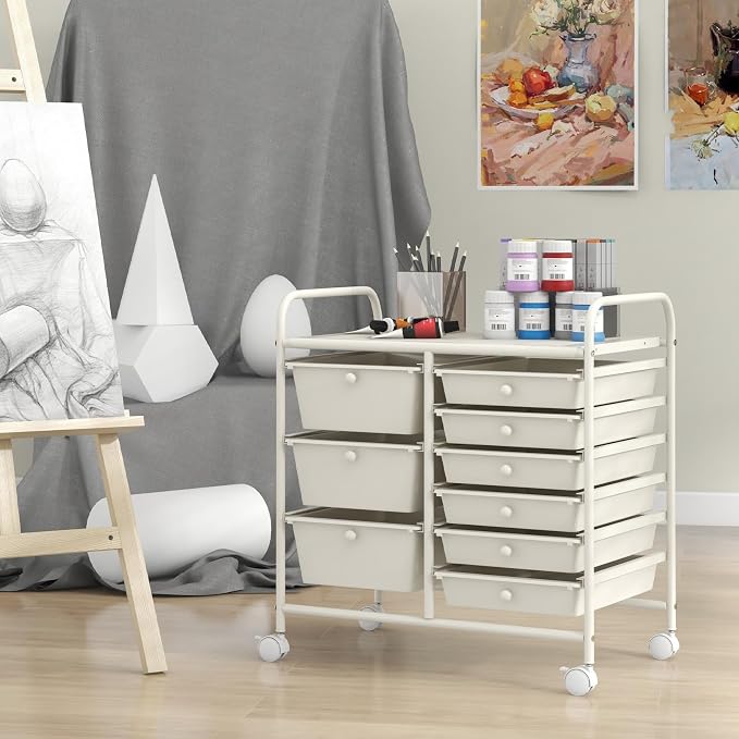 Giantex 9 Drawers Rolling Cart, Classroom Organizers, Storage Cart with Wheels, for Teacher Office Home School Supplies Tool Craft Art Paper, Ivory - Image 4
