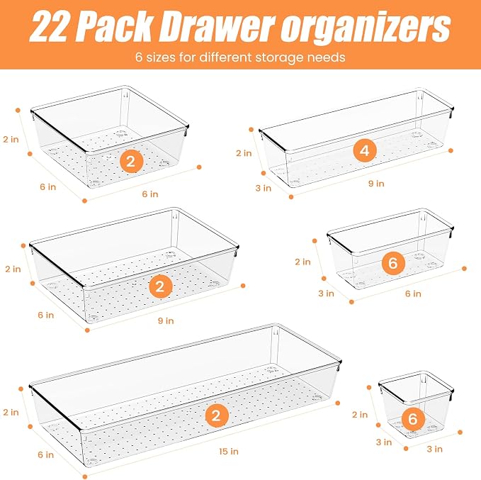 22 Pcs Drawer Organizer Bins, Acrylic Non Slip Kitchen Drawer Organizers Storage Tray Divider, Multifunctional Storage for Cosmetics, Bathroom, Tools, Kitchen and Office - Image 2