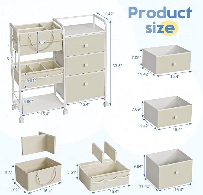 Cidaziya 2In1 Baby Diaper Caddy Organizers and Storage, 3 Tier Rolling Cart with Dividers and Drawers, Mobile Utility Cart Baby Dresser Clothes Organizer for Changing Table, Crib Nursery, Bedroom - Image 2