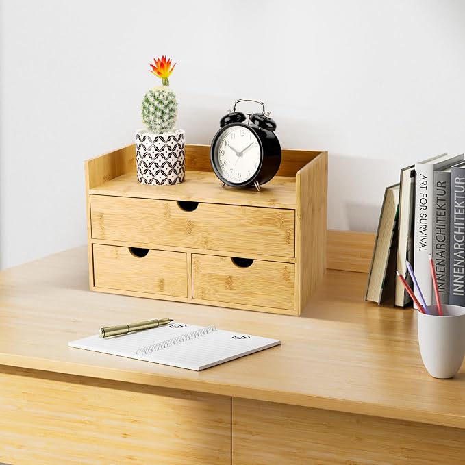 Charmewooden Bamboo Desk Organizer With Drawers Countertop Drawers Counter Storage Box Corner Desk Organizer for Home Office No Assembly Required (3 Drawers with shelf) - Image 3