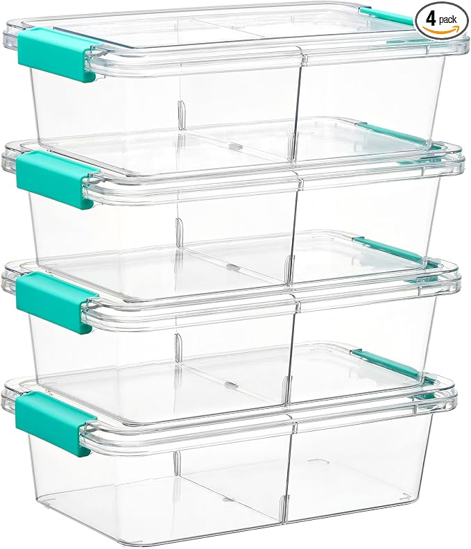 Vtopmart 4 Pack 1.5Qt Clear Pencil Box, Plastic Pencil Holder with Removable Divider for Pen Organizer, Small Stackable Containers with Lid for Pen, Art Craft, Sticker, Scrapbook & Office Supplies by Vtopmart