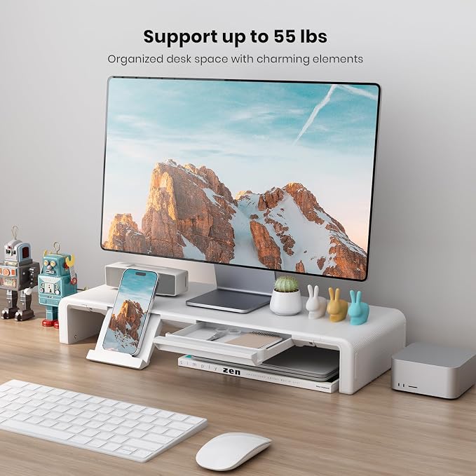 Monitor Stand Riser, Klearlook Foldable, Height Adjustable Computer Stand, Desk Shelf Riser with Storage Drawer &Tablet Phone Stand for Desktop, Laptop (White) - Image 7