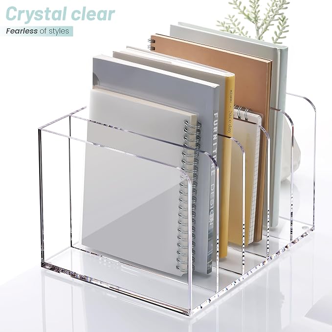 YUXUN Acrylic Magazine Holder,Clear Desk Organizer Vertical File Sorter Holder Stand for Notebook,Paper,Envelope,Magazine, Book Storage-Office/Home/Classroom Organization (5 Compartments,B5) - Image 7