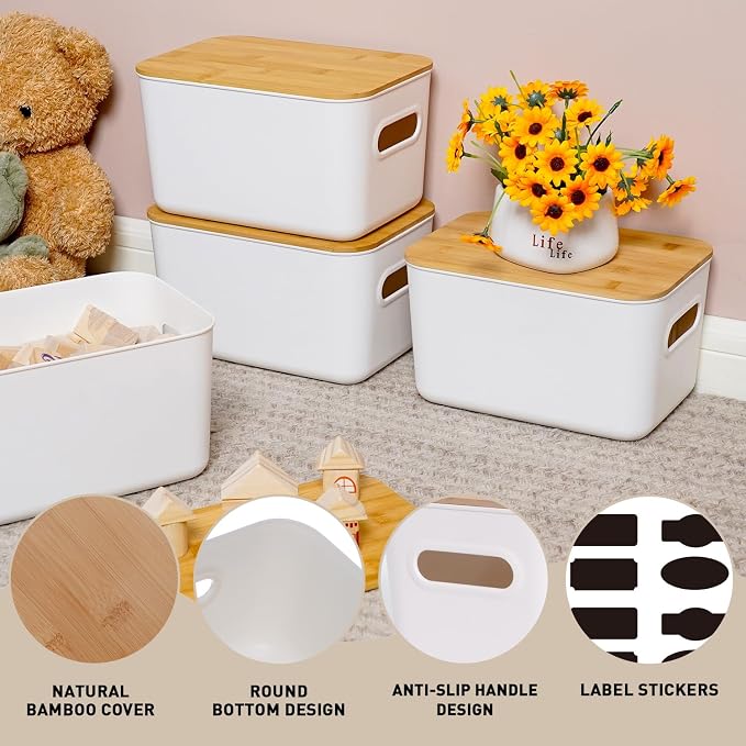 Citylife Storage Bins with Bamboo Lids 7QT Plastic Storage Containers Stackable Organizer Boxes with Handle for Desk Snacks, Toys, 2 PCS, 10" L x 7" W x 5.8" H - Image 4