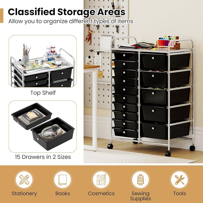 Giantex 15 Drawer Rolling Cart with Drawers, Storage Organizer Cart for Classroom Office School Teacher, Mobile Drawer Cart for Tools, Crafts, Small Printer, Black - Image 6
